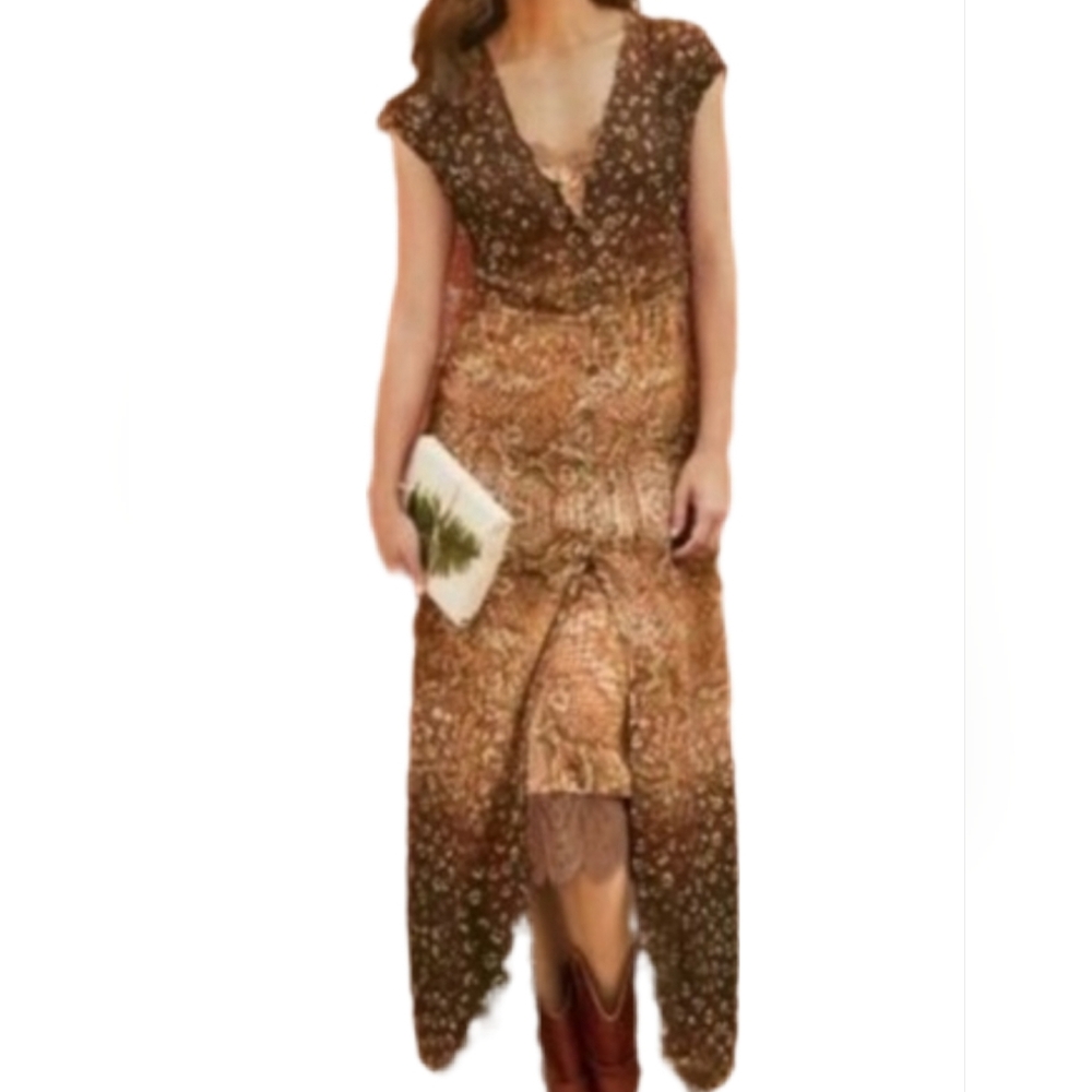 Soft Surroundings Catriona tan animal print chiffon button up maxi dress S NWOT